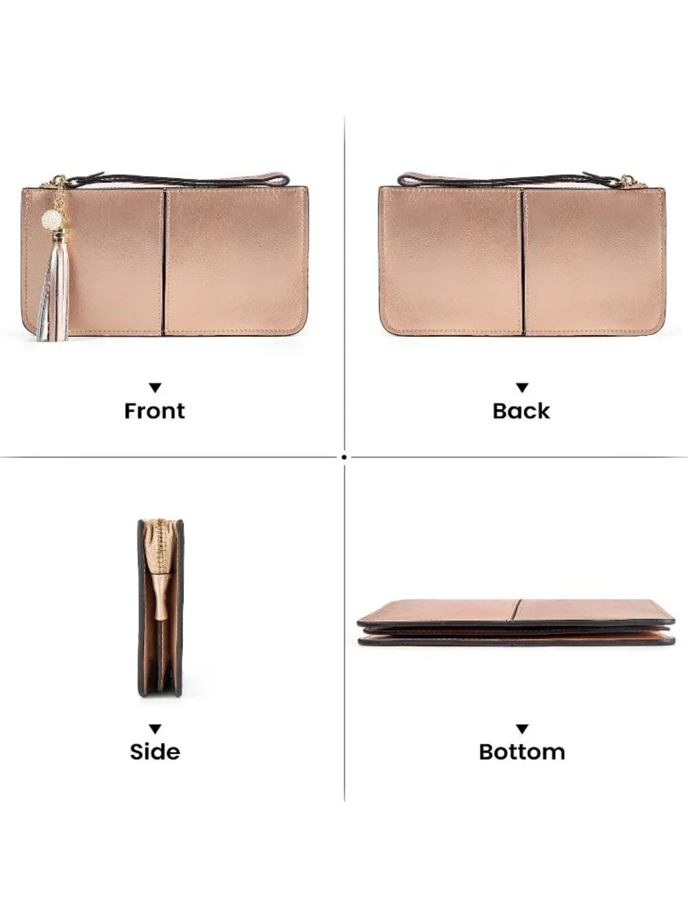 Women’s Champagne Gold Genuine Leather Wristlet Clutch Slim Holder Wallet Purse